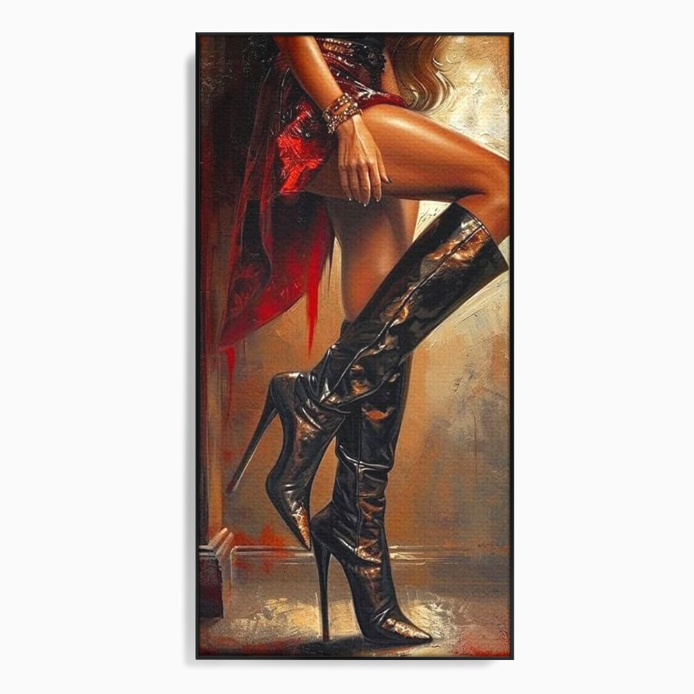 Tablou canvas cu pictura cu picioare feminine in cizme, in rama de aluminiu negru